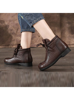 Solid Color Tie Short Leather Flat Boots