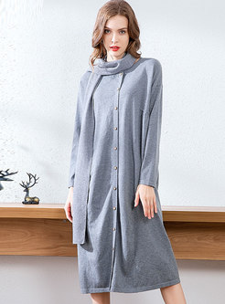 Crew Neck Straight Single-breasted Sweater Dress