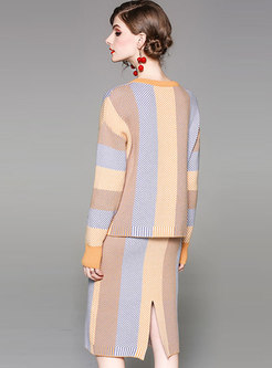 Crew Neck Color-blocked Striped Knit Suit Dress