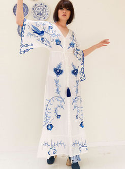 Ethnic Embroidered Plus Size V-neck Loose Dress