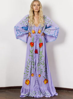 Ethnic Embroidered Plus Size V-neck Loose Dress