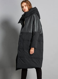 Patchwork Long Loose Hooded Puffer Coat