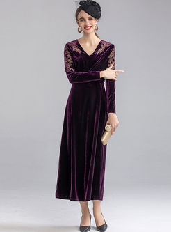 V-neck Long Sleeve Velvet Maxi Prom Dress