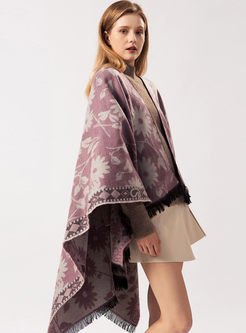 Print Faux Cashmere Fringed Poncho Scarf