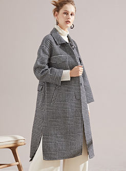 Lapel Long Sleeve Plaid Cashmere Coat