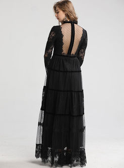 Black Transparent V-neck Maxi Cake Dress