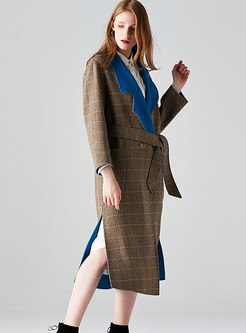 Plaid Color-blocked Split Wool Coat