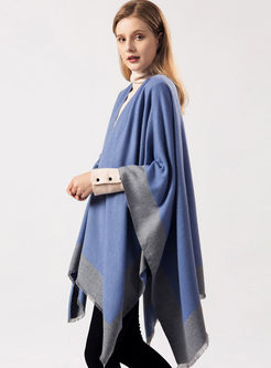 Color-blocked Fringed Poncho Scarf