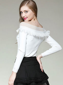 Sweet Off Shoulder Splicing Long Sleeve Knitted Sweater