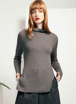 Solid Color Tutleneck Slit Knitted Sweater