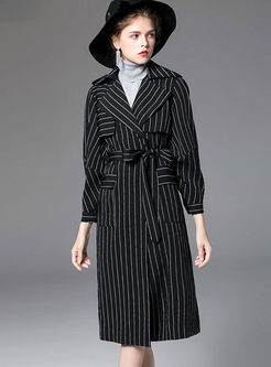 Black Lapel Striped Asymmetric Straight Trench Coat