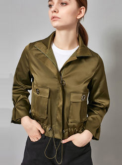 Solid Color Stand Collar Zippered Tied Short Coat