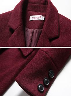 Wine Red Notched Wool Blend Knee-length Peacoat