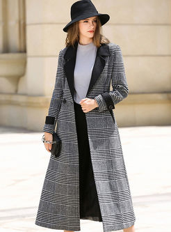 PLaid Double-breasted Belted A Line Long Peacoat