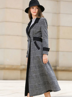 PLaid Double-breasted Belted A Line Long Peacoat