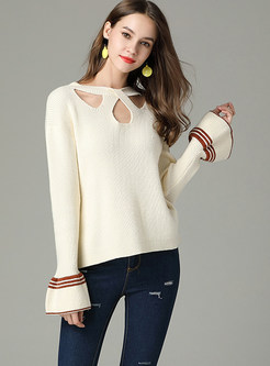 Hollow Out Irregular Neck Flare Sleeve Sweater