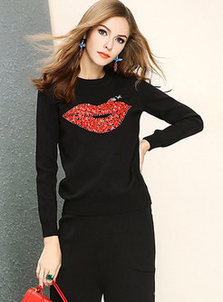 Beaded Mouth Print Pullover Sweater