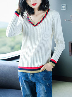 Stylish Color-blocked V-neck Long Sleeve Sweater