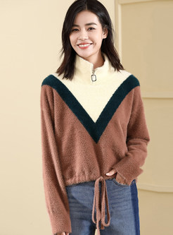 Loose Long Sleeve Color-blocked Tied Sweater