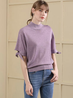 Purple Casual High Neck Short Sleeve Bowknot Knitted Top