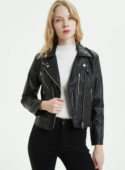 Lapel PU Short Slim Leather Jacket
