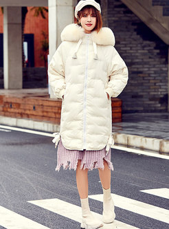 Solid Color Embroidered Hooded Loose Down Coat