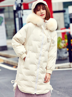 Solid Color Embroidered Hooded Loose Down Coat