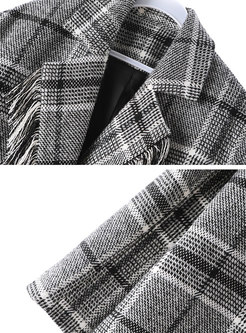 Notched Fringed Plaid Wool Blend Coat
