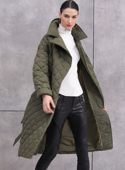 Solid Color Plaid Down Coat With Belt
