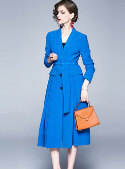Solid Color Notched Pleated A Line Trench Coat