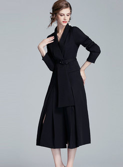 Solid Color Notched Pleated A Line Trench Coat