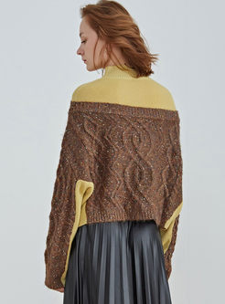 Turtleneck Patchwork Cable-knit Cropped Sweater