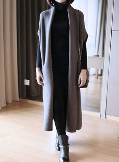 Solid Color Long Sweater Coat With Pockets