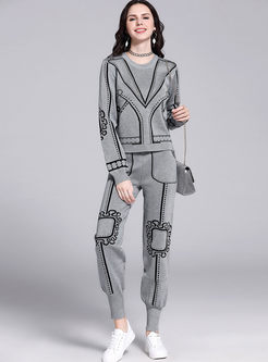 Crew Neck Geometric Print Pant Suit