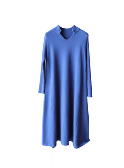 Solid Color V-neck Straight Loose Sweater Dress