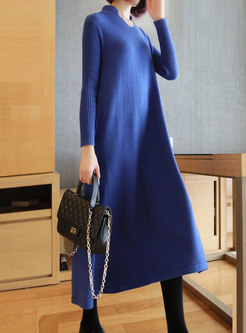 Solid Color V-neck Straight Loose Sweater Dress