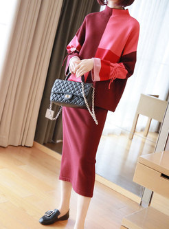 Turtleneck Color-blocked Knitted Skirt Suits