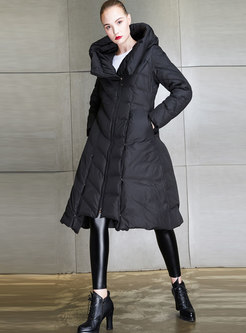 Hooded Zip-up Knee-length Puffer Coat