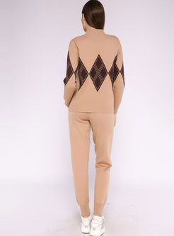 Mock Neck Geometric Print Sweater Pant Suits