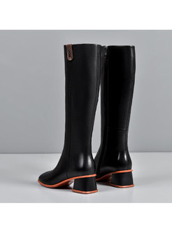Color-blocked Short Plush Leather Long Boots 