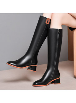 Color-blocked Short Plush Leather Long Boots 