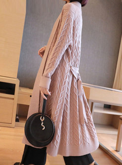 Solid Color Long Sweater Coat With Belt