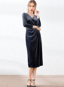 V-neck Long Sleeve Velvet Bodycon Dress