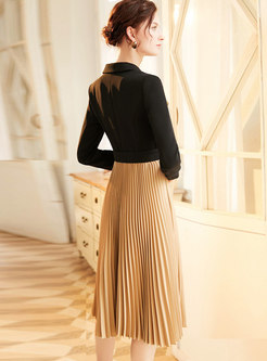 Notched Long Sleeve Patchwork Pleated Dress