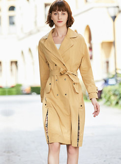 Notched Plaid Patchwork Trench Coat