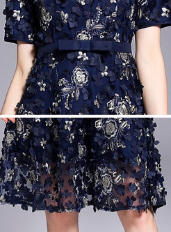 Off The Shoulder Embroidered Three-dimensional Flowers Skater Dress