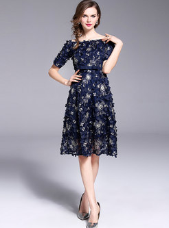 Off The Shoulder Embroidered Three-dimensional Flowers Skater Dress
