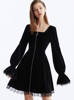 Black Square Neck Long Sleeve Mini Dress