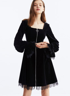 Black Square Neck Long Sleeve Mini Dress