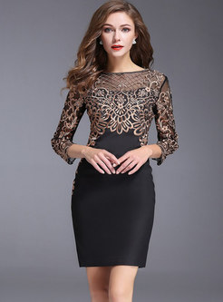 Crew Neck Embroidered Lace Patchwork Bodycon Dress